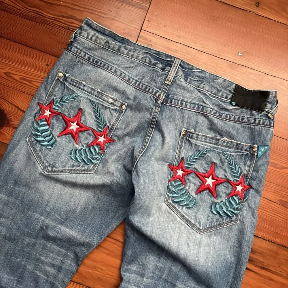 Vintage Y2K Shmack Jeans Men's Size 38 Loose Wide Leg Baggy Light Whiskers Stars